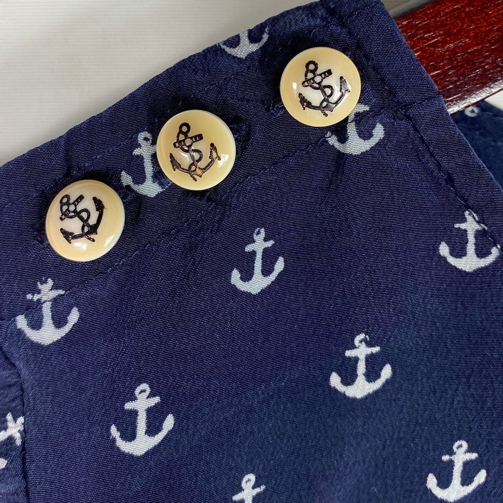 J.Crew Shirt Top Tunic Blouse 6 Medium Anchors 100% Silk Navy Blue Nautical - Picture 3 of 4